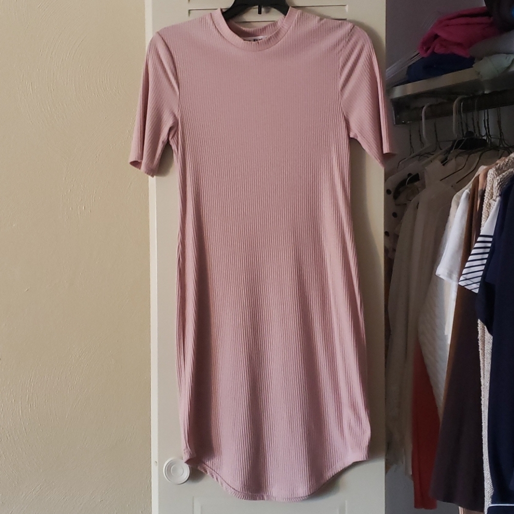 Solid Rib-Knit Pink Bodycon Dress